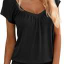 Hongqizo Womens V Neck T Shirts Cap Sleeve Summer Casual Shirts Banded-Bottom Loose Fit Basic Tops (X-Large, Black)