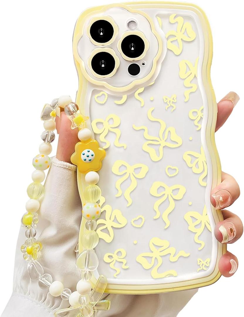 Lovmooful Compatible for iPhone 15 Pro Max Case Clear Cute Bowknot Wave Border Design with Flower Bow Chain for Girls Women Soft TPU Shockproof Protective Girly for iPhone 15 Pro Max-Yellow