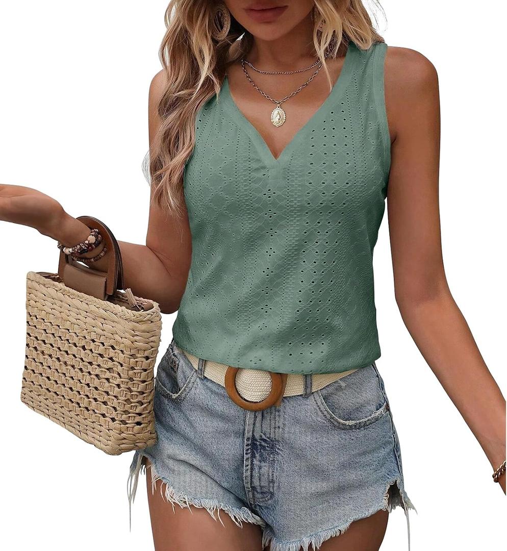 Womens Tank Tops Summer Tank Tops for Women 2024, V Neck Sleeve Embroidery Tops, Casual Loose Trendy Tops