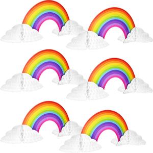 WILLBOND 6 Pieces Rainbow Honeycomb Paper Centerpiece Rainbow Party Table Decoration Cloud No Crease Converting Centerpieces for Tables Christmas Birthday Party