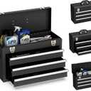 Portable Metal Tool Box, 3 Drawer Steel Tool Box with Top Storage Tray and carrying Handle, Multi-Function Tool Storage with Anti-slip Liner for Garage, Home, or Workbench (Black)