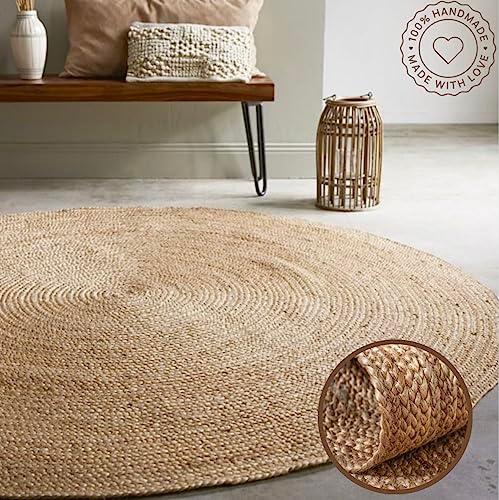 FRELISH DECOR Handwoven Jute Area Rug - 6 feet Round - Natural Yarn - Rustic Vintage Beige Braided Reversible Rug - Eco Friendly Rugs for Bedroom - Kitchen - Living Room - Farmhouse (6' Round)