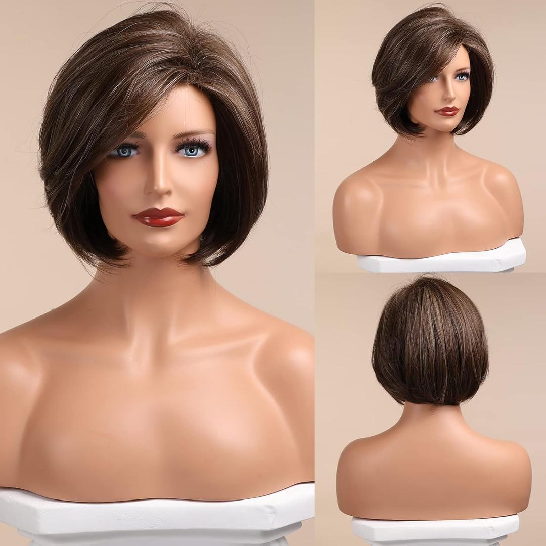 HAIRCUBE Brown Bob Wig Short Hair Wigs for Women Highlight Heat Resistant Fibre Synthetic Wig Natural Looking 10 Inch