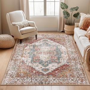 Washable 4x6 Area Rugs, Rugs for Living Room, Low-Pile Water&Stain Resistant Carpet Vintage Distressed Printed Non-Slip Carpet for Bedroom Bathroom Kitchen-Yellow/Brown