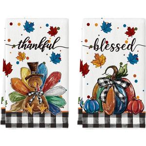 Artoid Mode Buffalo Plaid Turkey Thanksgiving Kitchen Towels Dish Towels, 18x26 Inch Fall Leaves Pumpkin Decoration Hand Towels Set of 2