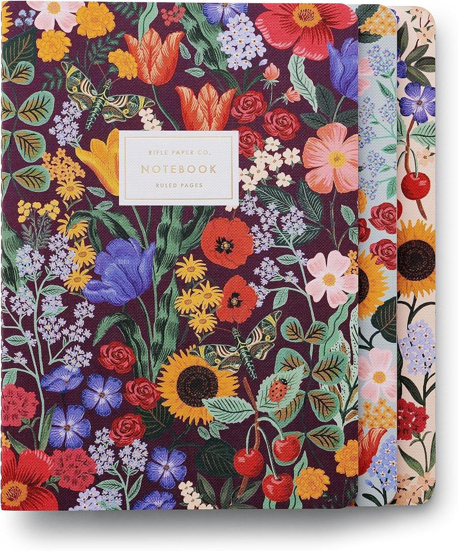RIFLE PAPER CO. Blossom Stitched Notebook Set, Assorted Set of 3 Colorful Notebooks, 64 Ruled Pages with Gold Ink, Full Color Canvas Cover with White Text Paper Interior (6" W  8.5" L)