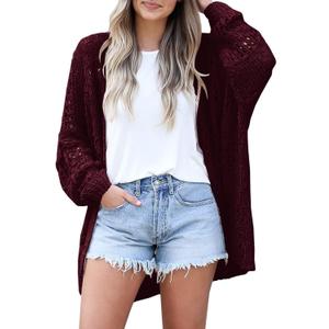 Ermonn Womens Crochet Cardigan Sweater Kimonos Boho Solid Color Oversized Fall Open Front Outwear (X-Large, Red)