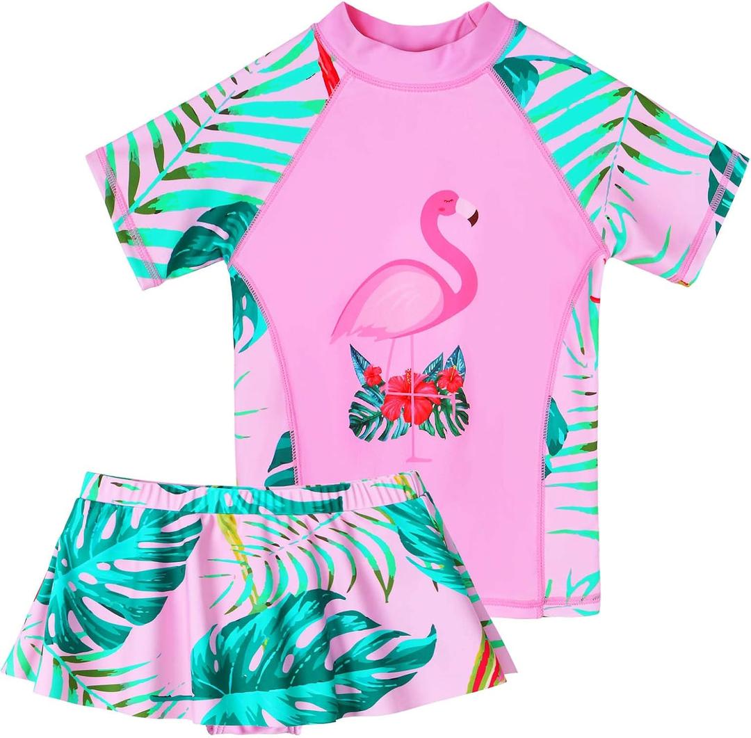 BAOHULU Girls Two Piece Swimsuits Rash Guard Ruffle Bikini Skirt Short Sleeves Beach Dress Swimwear UPF 50+ 3-12Y (11-12 Years, Flamingopink)
