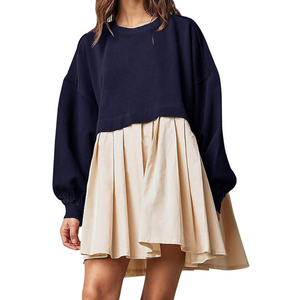 Dokuritu Sweatshirt Dress Women Crew Neck Long Sleeve Patchwork Pullover Tops Flowy Oversized Sweatshirt Mini Dress, XS