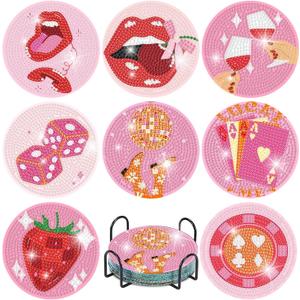 Canrichshop Pink Vintage Diamond Paintings Coasters Kits Set,8 Pieces Retro Funny Drinks Diamond Art Painting Coasters Kit with Holder,5D DIY Full Drill Diamonds Dot for Beginners Gift