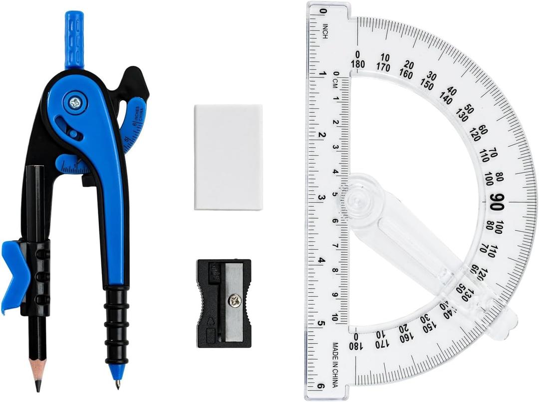 3 x Unjoo Compass and Protractor Set, 6 Inch Swing Arm Protractor (Dark Blue)