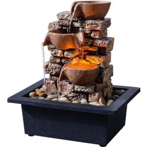 Indoor Tabletop Fountain 3-Tier Rockery Relaxation, Soothing Sound Home/Office/Bed Room Decor,Gifts for Mom/Grandma Relaxing Waterfall Meditation Tabletop Fountain LED Lights
