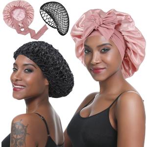 Wrap Cap Hair Net with Satin Bonnet for Silk Press Care-Double Layer Bonnet Adjustable Sleep Cap for Natural Curly Hair