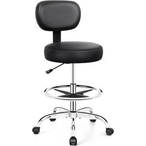 Drafting Chair with Backrest  Adjustable Foot Rest Rolling Stool with Wheels, PU Leather Swivel Stool for Office Spa Studio Lab Counter Salon Home Work Bar Kitchen Shop(Silver)