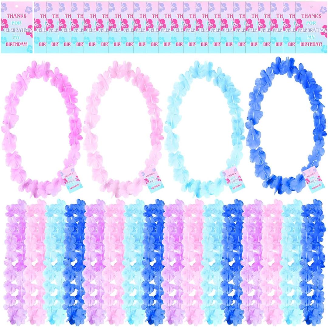 Hoteam 24 Counts Hawaiian Leis Bulk Tropical Flower Lei Hawaiian Necklaces with Cartoon Themed Blue Light Blue Pink Cartoon Alien Gift for Luau Beach Hawaii Party Favor Birthday Decoration