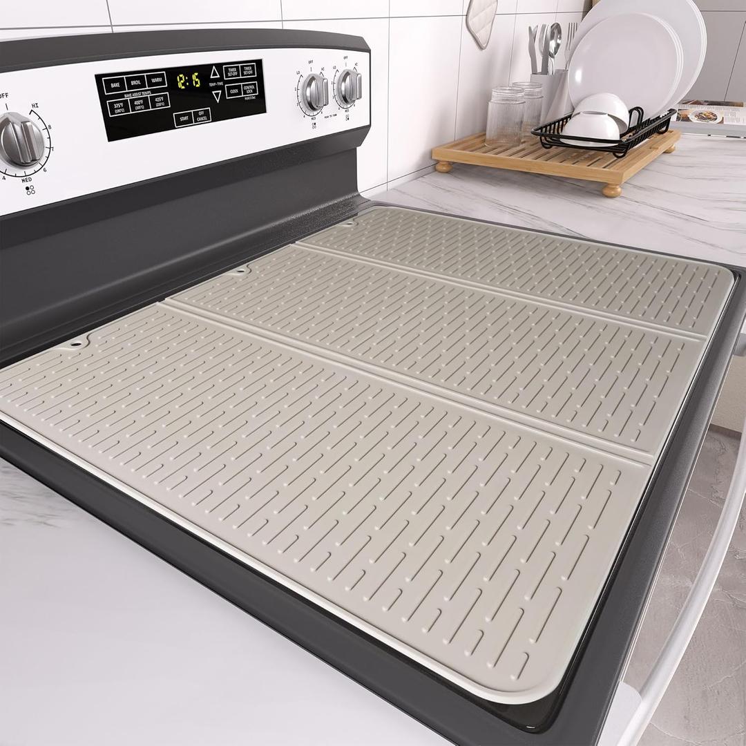 Stove Top Cover for Electric Stove - Foldable Glass Top Stove Cover Protector,Ceramic Flat Top Stove Cover, Induction Cooktop Protector, Oven Cover, 28" x 20" Dish Drying Mat (Taupe)