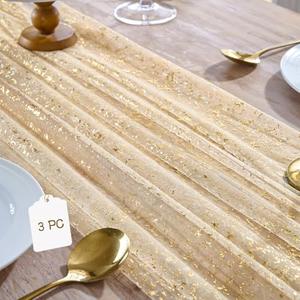 YARGEZON 3PC Gold Gauze Table Runner 120 Inch 10FT Dining Wedding Baby Shower Holiday Birthday Sheer Tulle Table Decor