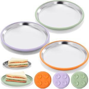 Nuogo 304 Stainless Steel Toddler Plate with Suction 9" Metal Plates with Removable Silicone Shell for Kids Non Slip Unbreakable Toddler Dinner Snack Dish for Dishwasher(3 Pack,Green,Purple,Orange)