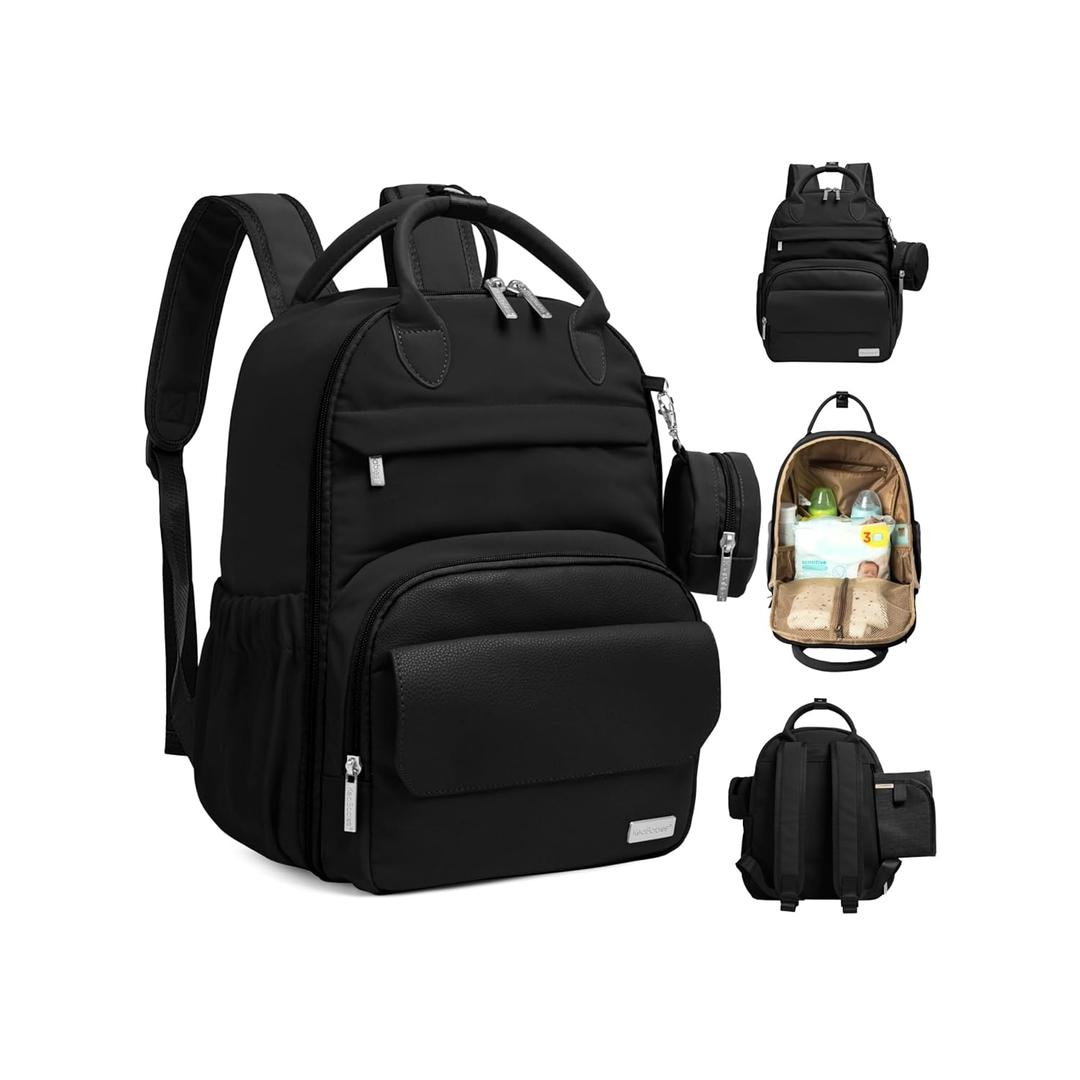 KeaBabies Diaper Bag Backpack - Multifunctional Travel Diaper Back Packs, Maternity Baby Changing Bags, Compact 18L Capacity, PU Leather, Waterproof, Unisex, Nappy Changing Pad (Trendy Black)