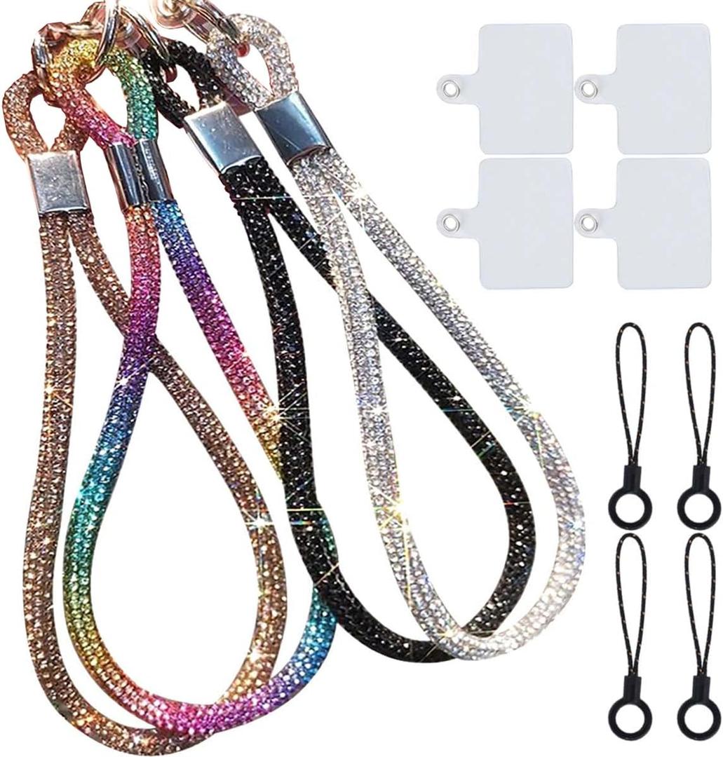 RUIYDZ 4pcs Luxury Diamond Phone Wrist Strap, Cell Phone Lanyards for Women, Short Phone Lanyard with Phone Tether Tab, Glitter Phone Strap Wrist Lanyard, Multicolor, Gold, Silver, Black