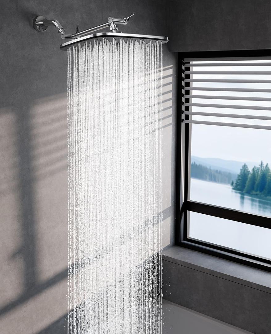 Veken Rain Shower Head, 11.8 Inch Large Rectangular Rainfall Showerhead, Adjustable Stainless Steel 11 inch Extension Arm, Detachable Waterfall Rain Fall Showerheads with Anti-Clog Nozzles, Chrome