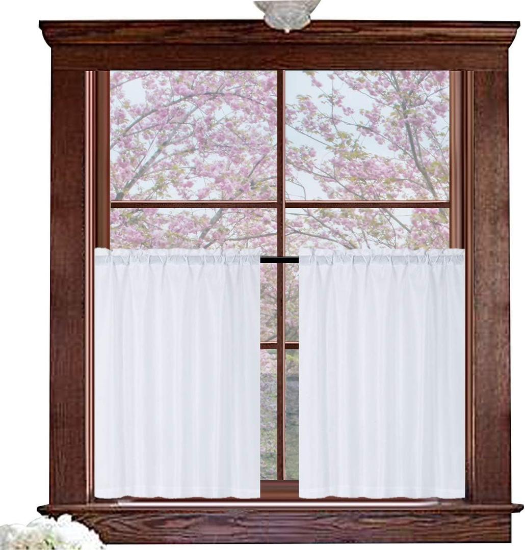 Valea Home Waffle Weave Textured Bathroom Window Curtains Water Repellent Short Curtains Window Covering Half Window Curtains Kitchen Tiers 36 inch Length, White, Set of 2