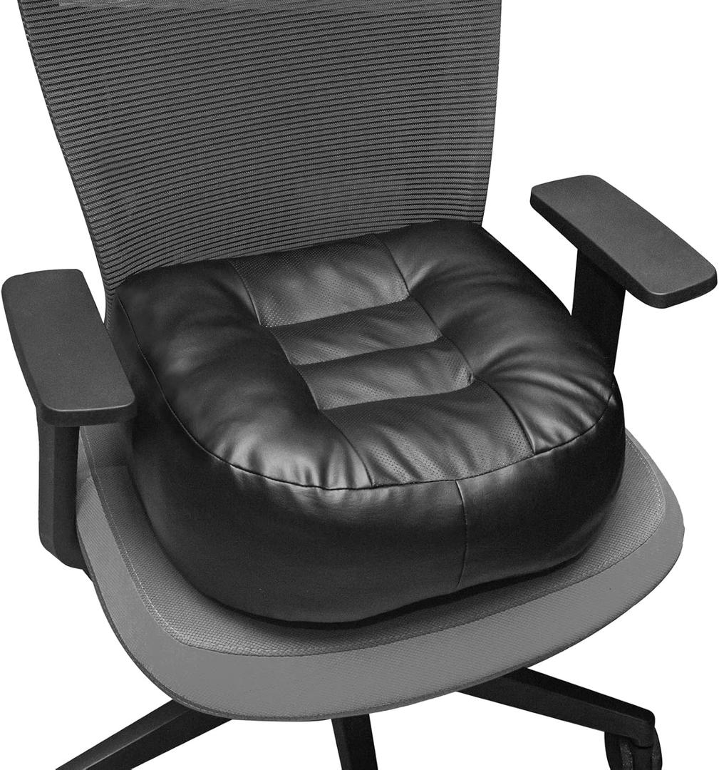 YOUFI Leather Seat Cushion Extra-Thick Booster for Office Chair to Rise Height - Full Filling for Support - with Breathable Cover, Handle and Buckle - Relieves Back Pain  18"x16"x6" (Black)