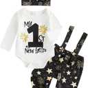 BeQeuewll Newborn Baby Boy Mardi Gras Outfit Letters Print Romper Striped Suspender Pants Overalls 3pcs Carnival Clothes Set  9-12M