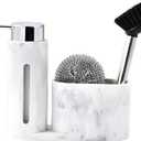 Soap Dispenser with Sponge Holder, Kitchen Soap Dispenser Pump, Sponge Caddy and Brush Holder 3 in 1 Set Organizer for Sink Countertop, Rustproof, White