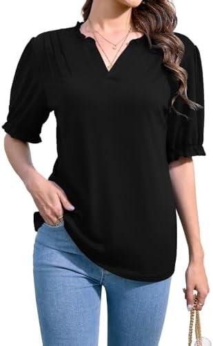 LA BAIESO Womens Tops Puff Short Sleeve Summer Tops Trendy Casual Ruffle Collar Blouse V Neck Tunic T Shirts Business Clothes Black 2XL