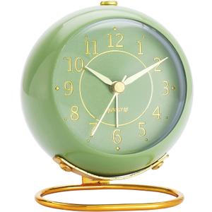 Metal Desk Clock, Retro Bedroom Table Vintage Analog Alarm Clock, Silent Non-Ticking Gold Clock, Bedside Dcor(Olive-Green)