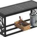37" Outdoor Garden Bench with Storage Shelf, Modern Black Entryway Bench, Wood-Grain HDPE Seat, Galvanized Steel Frame with Powder Coating for Porch, Yard, Patio, Tree