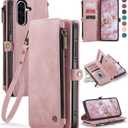 Defencase for Galaxy A36 5G Case Wallet with RFID Blocking Card Holder for Women Men, Fashion PU Leather Magnetic Snap Flip Zipper Wrist Strap Wallet Phone Case for Samsung Galaxy A36 5G, Rose Pink