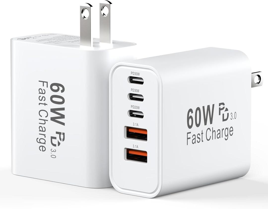 USB C Charging Blocks, 60W USBC Wall Fast Charger Block, Type C iPhone USB C Charger Fast Charging Brick, 5-Port Multiport Charger Plug Power Adapter for iPhone 17/16/15/14/13 Pro Max, iPad, GalaxyS25 (White)