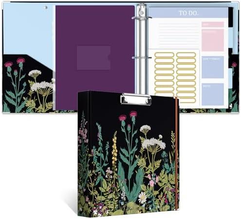 ZAXMEY 3 Ring Binder, 2 Inches Round Ring Binder with Clipboard, Dividers Tabs, PVC Zipper Bag Sleeves & to Do List Planners for Women, Men, School, Office Supplies, Wild Flower