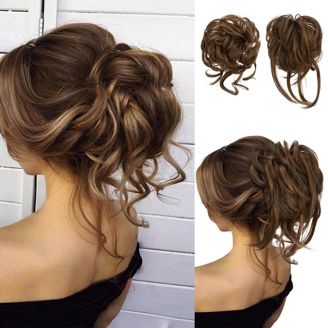SARLA 2PCS Messy Bun Hair Pieces for Women Wavy Curly Synthetic Hairpieces for Updos with Tendrils Fake Scrunchies Ponytail Extension Chocolate