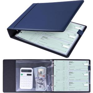 Antner 3 Ring Personal Check Binder for 3-on-a-Page End-Stub Deskbook & Personal 3 Holes or 9 Holes Small Size Checks, PU Leather Check Holder Checkbook Binder Cover with Zipper Pouch, Navy Blue