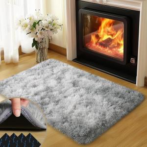 2x3 Rugs for Bedroom, Fluffy Area Rugs for Living Room, Soft Shag Kids Rug Small Carpet with 4 Non-Slip Rug Pads (Grey Tie-Dyed, 2ft x 3ft)