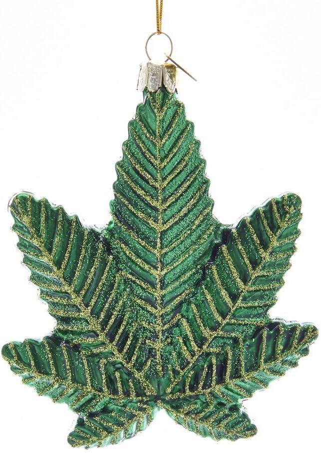 Kurt S. Adler Collections Etc Sparkling Green Glass Cannabis Leaf Christmas Ornament