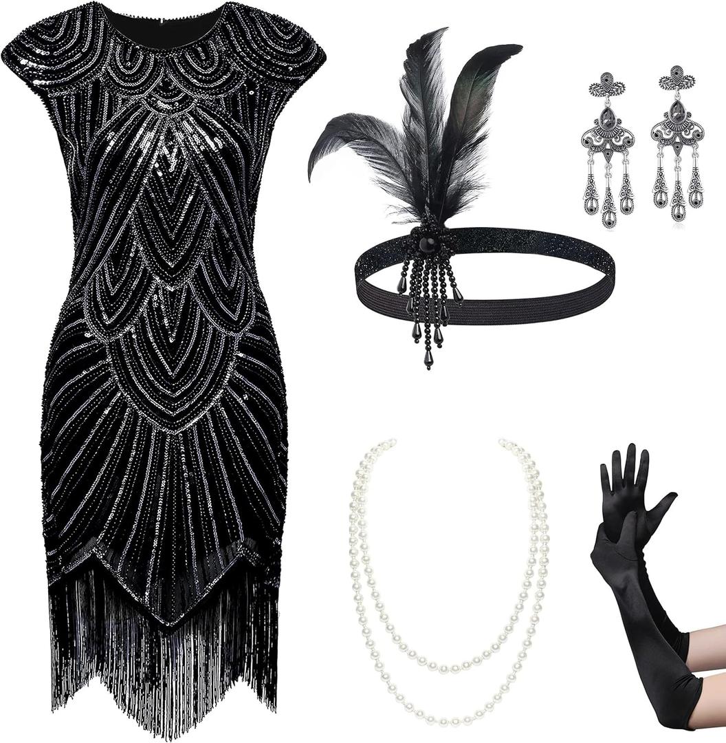 BABEYOND 1920s Flapper Dresses Set 20s Great Gatsby Dress 1920s Fringed Dress with Accessories Set (X-Large)