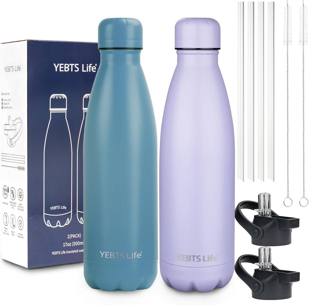 Insulated Water Bottle, 17oz Stainless Steel Water Bottles with straw lid, Metal Sports Water Bottles for Boys,Girls, Double Wall Vacuum BPA-Free Flask for School, Sports (Maya Blue & Light Purple)