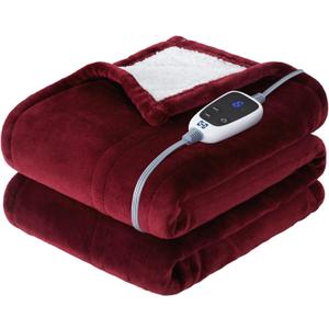 SEALY Heated Throw Blanket, Flannel & Sherpa Cozy Soft Electric Throw with 6 Heat Settings & 2-10 Hours Auto Shut Off, Machine Washable, 50x60 Inch, Burgundy