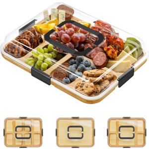 SpaceAid Charcuterie Board with Clear Lid, Portable Travel Cheese Cutting Boards for Picnic Accessories, Bamboo Serving Tray with Lids, House Warming Gifts, Black Handles, 8 Compartments