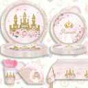 Pink Castle Party Supplies Set, Princess Theme 141 Pieces with Plates, Napkins, Cups and Tableware for 20 Guest Pink Castle Design Cuterly for Princess Party
