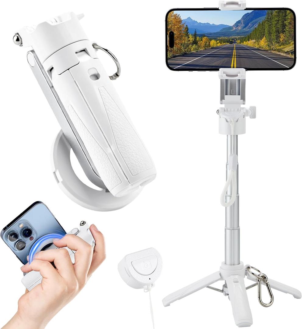 MQOUNY for Magsafe Tripod Stand for iPhone, Portable Pocket Size Selfie Stick with Rechargeable Remote and Metal Ring, Extendable Detachable Cell Phone Tripod Compatible with iPhone/Android (White)