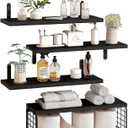 Wood Floating Shelves Bathroom Wall Mounted, 4PCS Floating Shelves with Storage Basket for Room Decor and Over Toilet, Kitchen, Living Room, Picture Ledge (Black)