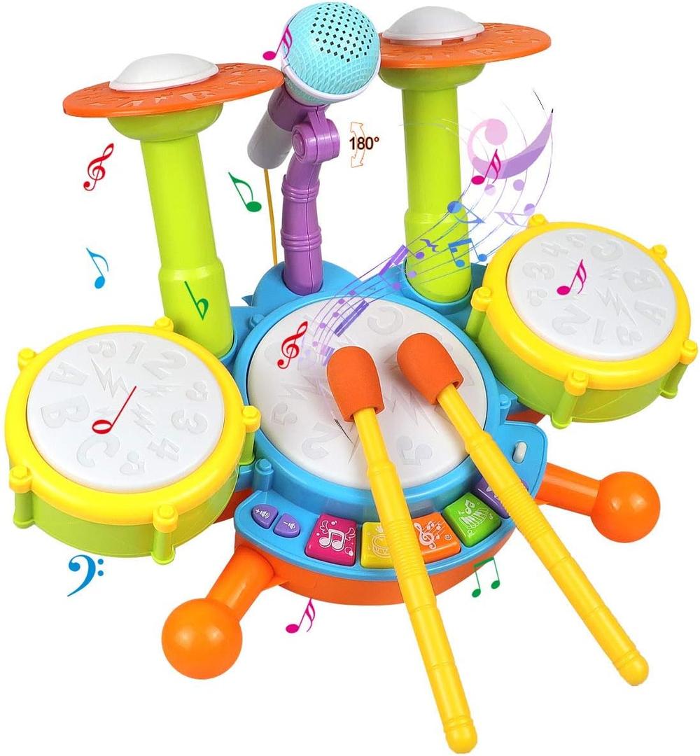 POKONBOY Kids Drum Set for Toddler 1-3, Musical Instruments Learning Toys with 2 Drum Sticks Adjustable Microphone Birthday Gifts for Boys Girls 6 12 18 Month