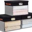 Fabric Clear Window Storage Bins with Lid, Closet Storage Box Linen Closet Baskets with 3 Handles for Organizing Clothing, Jeans, Shelves 15''- 3 Pack (Gray and Black)