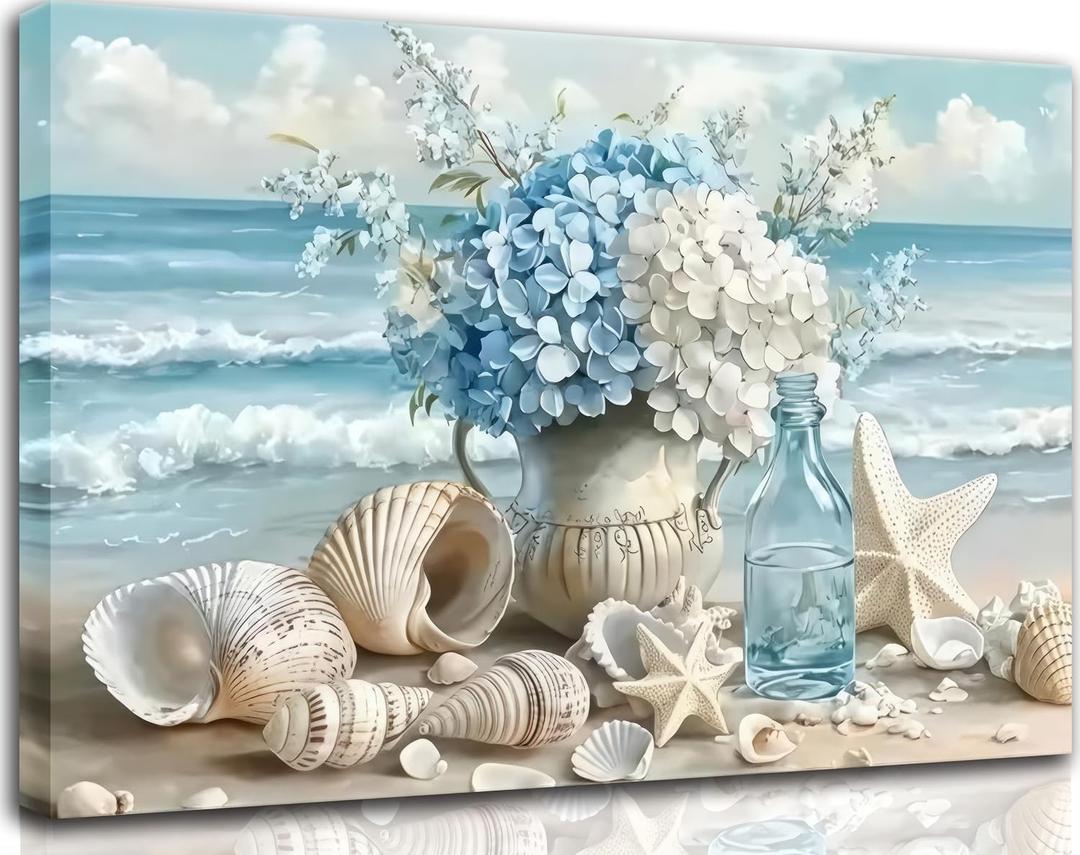 Blue Ocean Beach Wall Art Coastal Bathroom Poster Print Sea Vase Canvas Wall Decor Seaside Seashell Painting Picture for Bathroom Bedroom Living Room Kitchen Office Framed