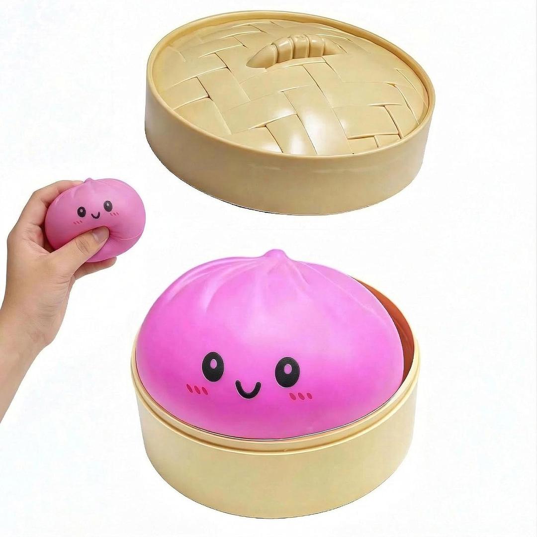 Dumpling Squishies,Glitter Dumpling Mystery Box,Colorful Dumplings Sensory Toy, Cute Asian Food Shape, with Food Steamer Stretchy Desk Toys, Soft Squeeze Decompression Dough (Pink)